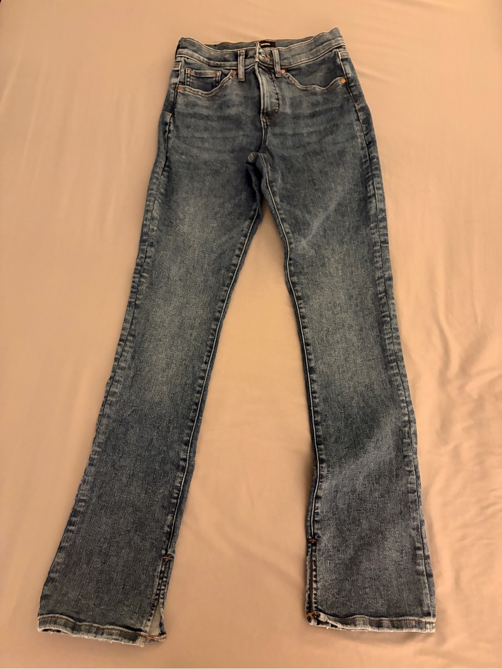 Express Skyscraper Mid-Rise Medium Wash Split Hem Slim Flare Jeans